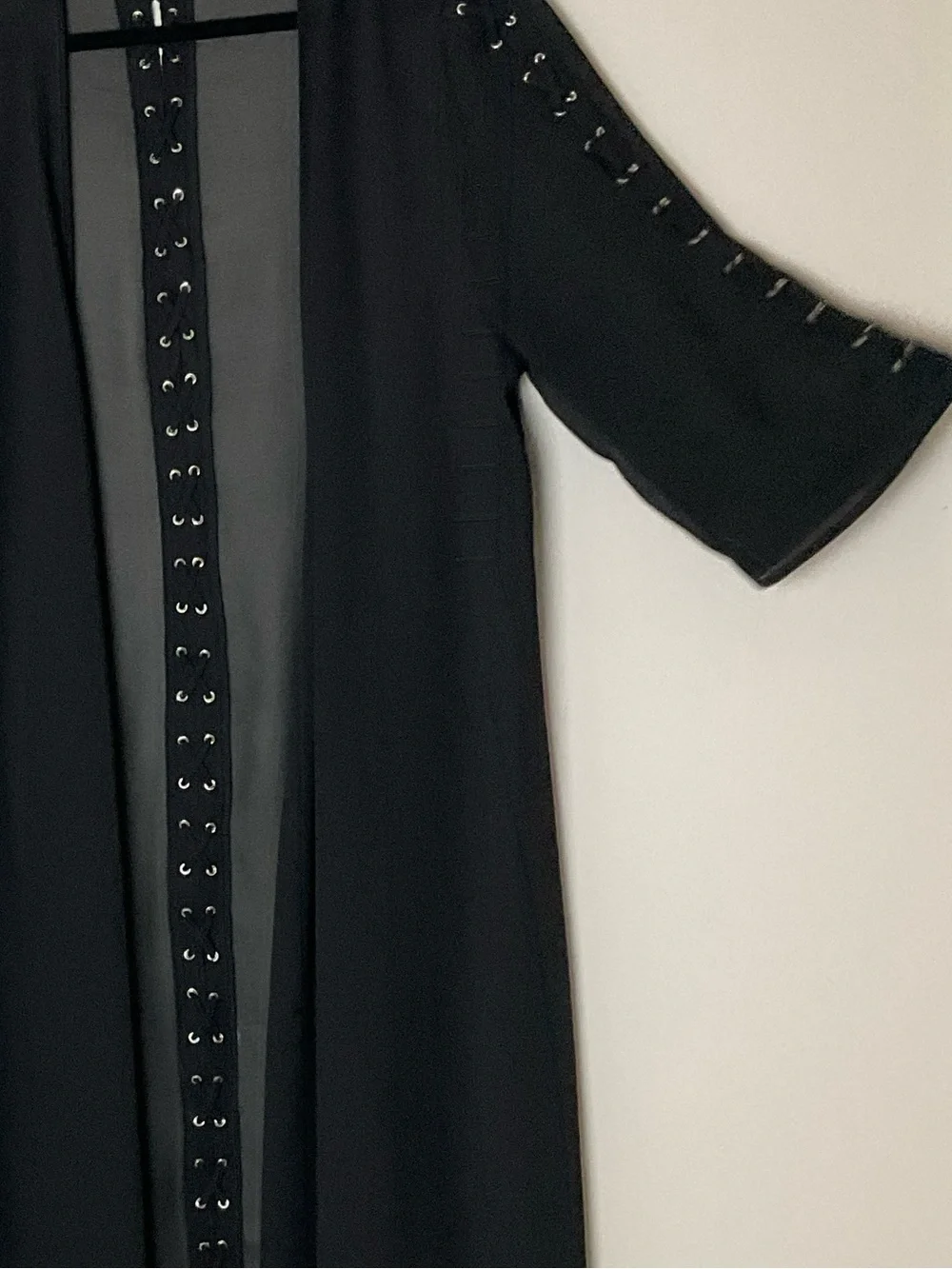 torrid Black Sheer Open-Front Kimono Lace-Up Trim Goth Whimsygoth Witchty 00/0 - Picture 3 of 8